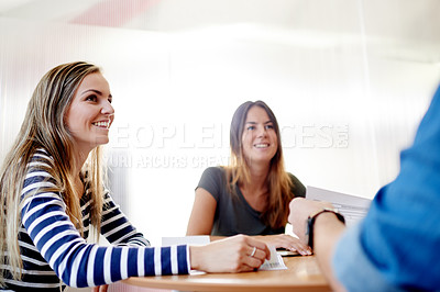 Buy stock photo Smile, planning and meeting with business people in office for teamwork, designer project and update. Collaboration, creative partnership and startup with employees in agency for brainstorming