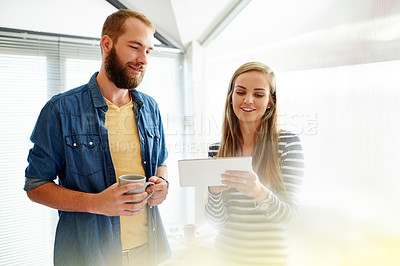 Buy stock photo Collaboration, development and tablet with designer people in office together for creative brainstorming. App, business and productivity with employee team in design workplace for conversation