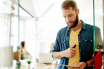 Buy stock photo Reading, creative and man in office with tablet, research and idea planning in marketing agency. Browsing, technology and person in workplace for digital campaign, ad performance and online report.