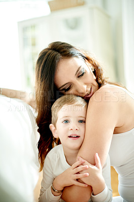 Buy stock photo Love, mother and hug child in home for safety, security and support for bonding together with parent. Mom, kid and embrace boy for care, trust and connection with family portrait of son in house