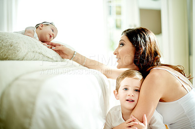 Buy stock photo Touch, boy or mom with children, bedroom and smile with son, love or family with baby in house. Single parent, woman or talking to infant, hug and affection for kid portrait, happy or bonding in home