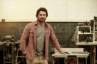Buy stock photo Man, portrait and carpenter in workshop for trade, furniture repair or manufacturing with timber. Carpentry, pride and male person with confidence in woodworking industry, craftsman and lumber