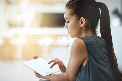 Buy stock photo Update, results or woman on tablet in startup for online reviews, news or insights feedback. Office, business project or social media strategist browsing on internet or web network with technology