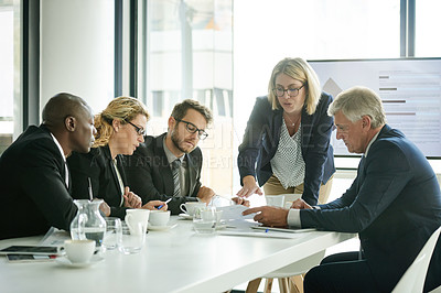 Buy stock photo Business people, collaboration and presentation with documents for planning, brainstorming or proposal. Graphs, team and office communication with paperwork for project negotiation and meeting