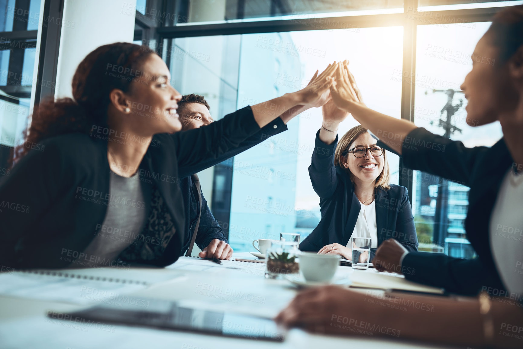 Buy stock photo Business people, meeting and high five with deal in office for partnership, launch or project. Celebration, employees or hands together with smile for brainstorming, planning or proposal for feedback