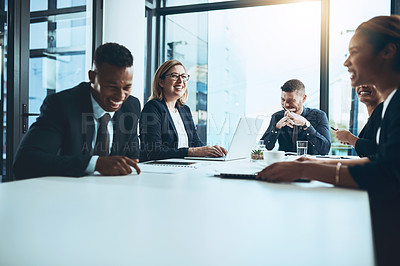 Buy stock photo Business, people and laugh in office for meeting, discussion and positive outcome of court case. Smile, lawyer or team in workplace for lawsuit, funny conversation and trial verdict for legal justice