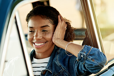 Buy stock photo Thinking, woman and driving in car with travel for road trip, holiday reflection or weekend break. Happy driver, explore and getaway journey in vehicle with freedom, summer vacation and ride memory