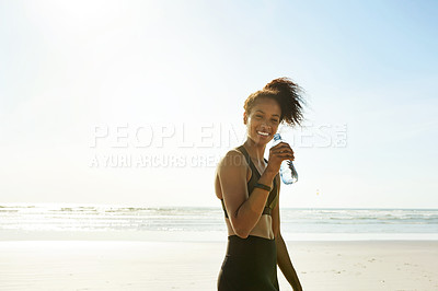 Buy stock photo Beach, fitness and portrait of happy woman drinking water for health or wellness. Hydration, smile and thirsty runner at sea with liquid bottle for nutrition, sports and exercise with space in Brazil