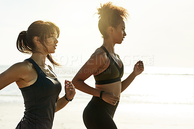 Buy stock photo Workout team, women and running at beach for marathon practice, endurance challenge and fitness. Active friends, people and jog on seashore for cardio training, sports performance or stamina exercise