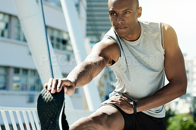 Buy stock photo Black man, runner and stretching legs in city, ready or start training with cardio, health and flexibility outdoor. Fitness, athlete or person prepare for exercise with warm up for workout in town