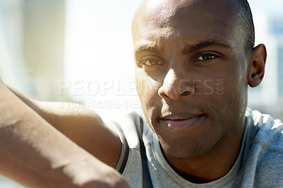 Buy stock photo Black man, portrait and fitness in outdoor for health, sports and confidence with training in city. Serious athlete, male person and exercise in town, healthy and active with wellness face in Ghana
