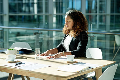Buy stock photo Business woman, accountant and finance with documents in office for budget planning or report. Female person, financial analyst or employee with paperwork for project cost, bills or company expenses
