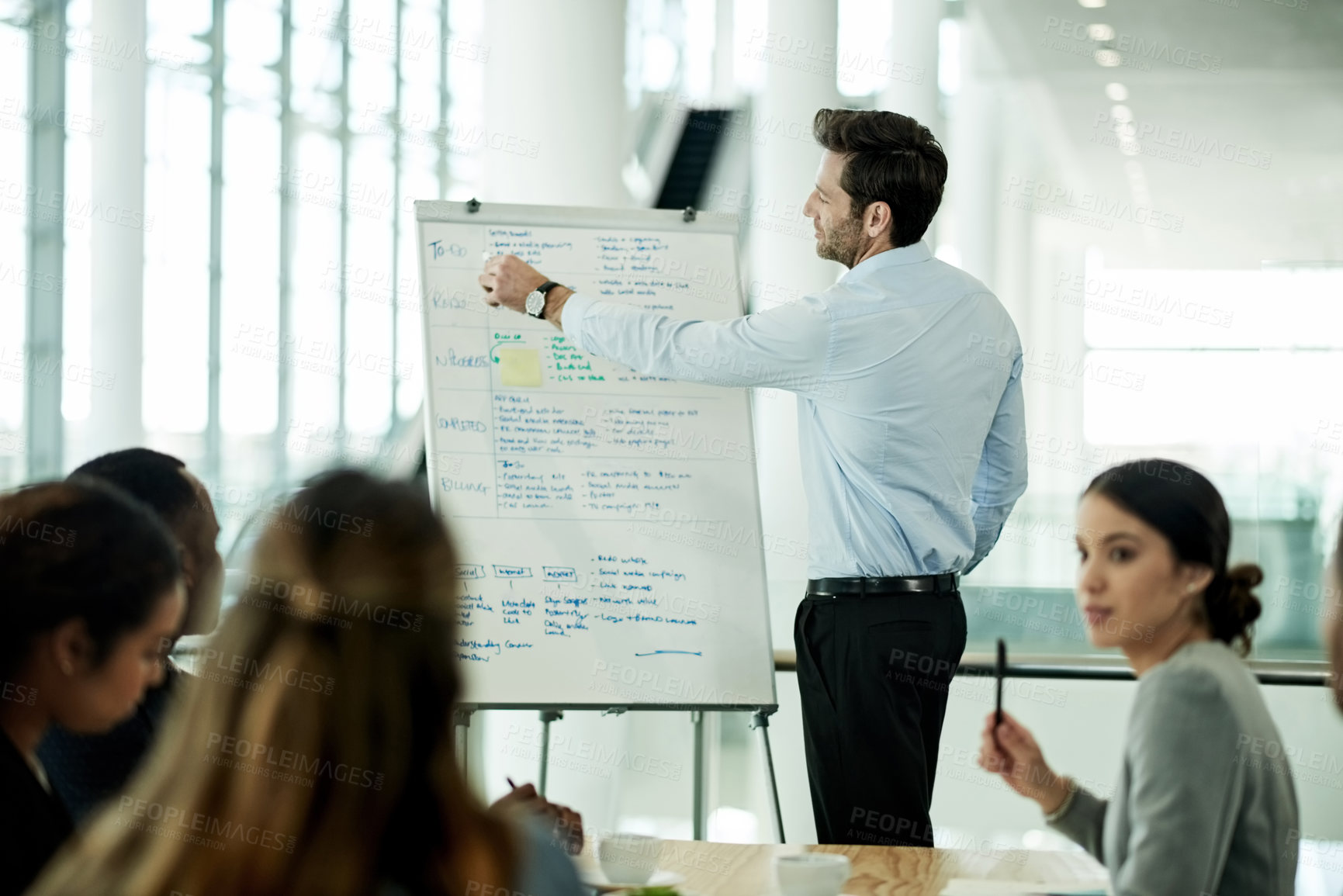 Buy stock photo Business coach, team and workshop with whiteboard for finance knowledge, risk mitigation and skills. Presentation, people and financial training in office for industry trends, workflow and compliance