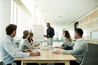 Buy stock photo Business, presentation and man in office, team and questions with financial planning. Employees, presenter and group in meeting, investment deal and negotiation with cooperation and proposal feedback