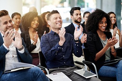 Buy stock photo Smile, applause and business people with workshop, audience and notes for seminar event. Conference, convention and clapping hands with crowd, feedback and b2b support for presentation or pitch