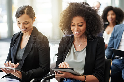 Buy stock photo Women, tablet and business people with workshop, notes and typing for seminar event. Conference, convention information and technology with crowd, proposal and b2b support for presentation or pitch