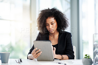 Buy stock photo Research, business or black woman on tablet in office for online report, finance and audit. Budget, review or banker on touchscreen in financial agency for equity, stock news and investment growth