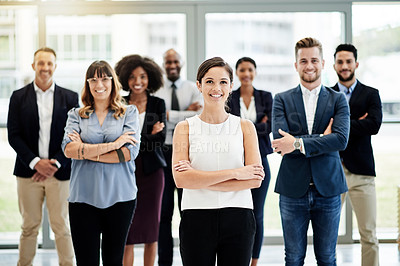 Buy stock photo Office, leader or happy woman with arms crossed for teamwork, portrait and finance agency. People, confident financial advisor or proud manager in accounting firm for company or skill development