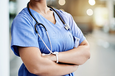 Buy stock photo Doctor, hands and woman with crossed arms for medical service, cardiology and wellness. Healthcare, professional and person with equipment, tools and stethoscope for medicare support in hospital