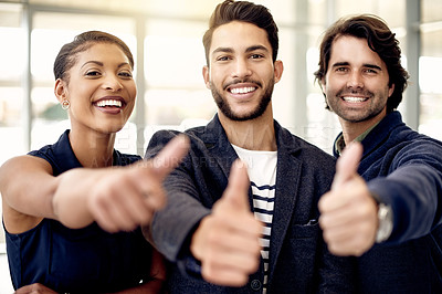 Buy stock photo Smile, people or leadership in office with thumbs up, good news or success for candidate. Happy, management or recruitment team portrait in lobby with approval, corporate or diversity for work