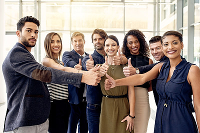 Buy stock photo Happy, people or leadership in office with thumbs up, good news or success for candidate. Smile, management or recruitment team portrait in lobby with approval, corporate or diversity for work