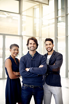 Buy stock photo Portrait, team or people in office with arms crossed, about us or career pride at media company. Smile, goal or journalist in agency with confidence, help or leadership for publication collaboration.
