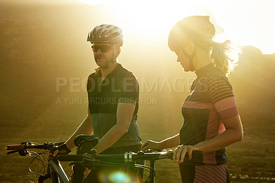 Buy stock photo Fitness, couple and people with bicycle, nature or preparing for competition, exercise and wellness. Outdoor, man and woman with helmet for safety, flare and eco friendly transport for training