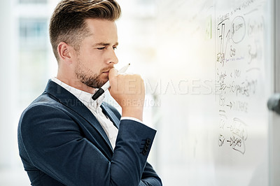 Buy stock photo Business, whiteboard and man in office, thinking and planning with financial agency. Person, problem solving or employee with funding proposal, equation or brainstorming with solution and finance