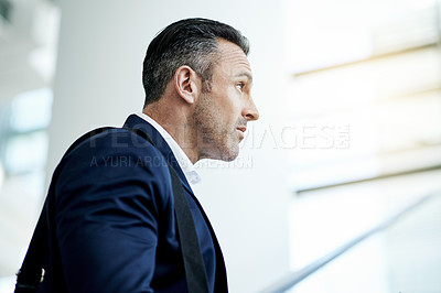 Buy stock photo Thinking, business and man travel at airport with vision, planning and ideas of global journey. Thoughts, mature male person and reflection for work trip, corporate conference and career opportunity