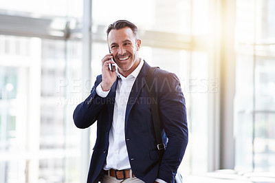 Buy stock photo Phone call, happy and business man in office for negotiation, insurance offer or deal. Talking, mobile and mature broker in workplace for conversation, communication and feedback for claims update