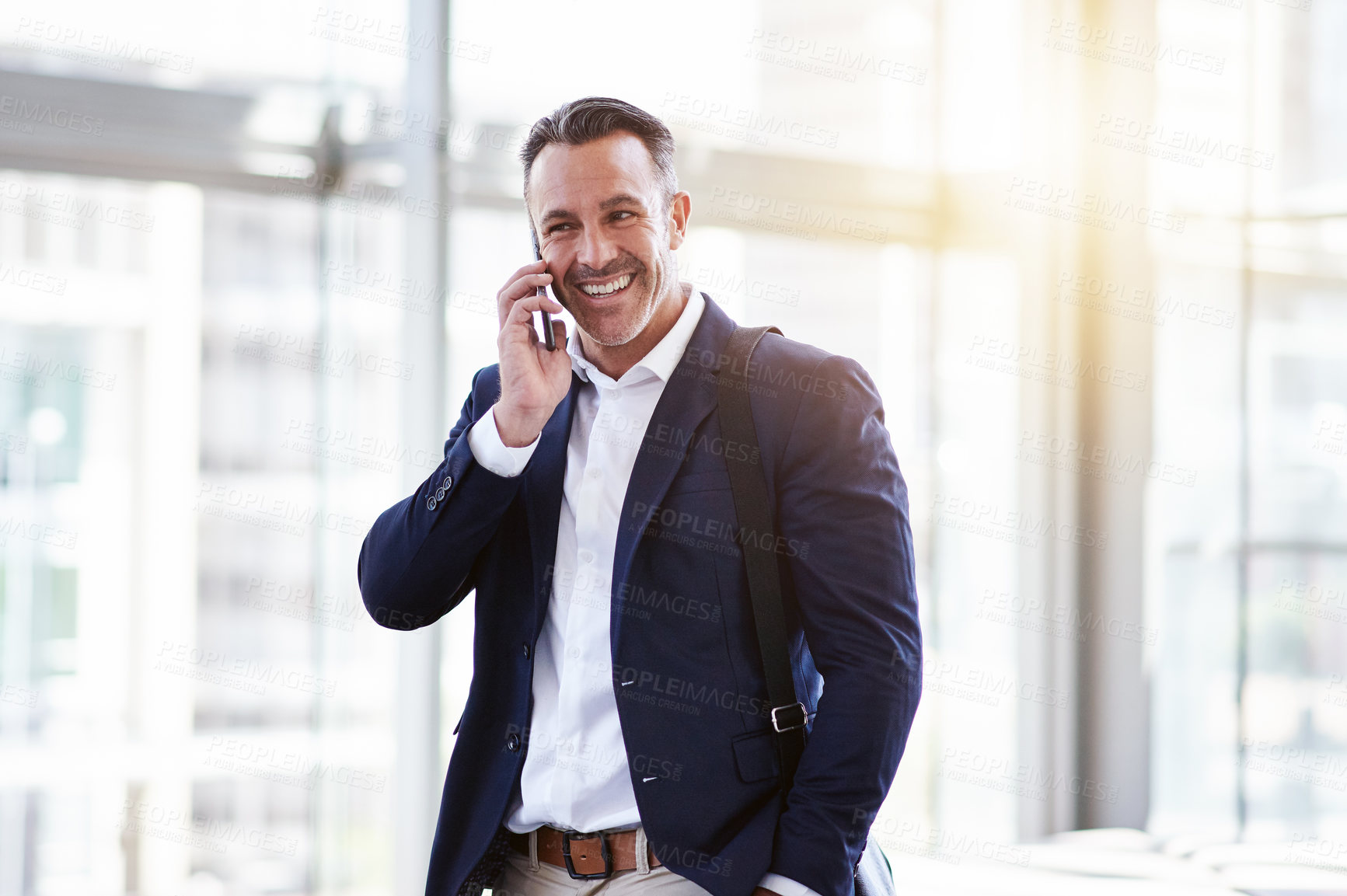 Buy stock photo Phone call, happy and business man in office for negotiation, insurance offer or deal. Talking, mobile and mature broker in workplace for conversation, communication and feedback for claims update