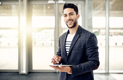 Buy stock photo Portrait, tablet and happy businessman in office with opportunity, about us or finance. Confidence, worker or professional with technology for research as financial tax specialist with flare in Qatar