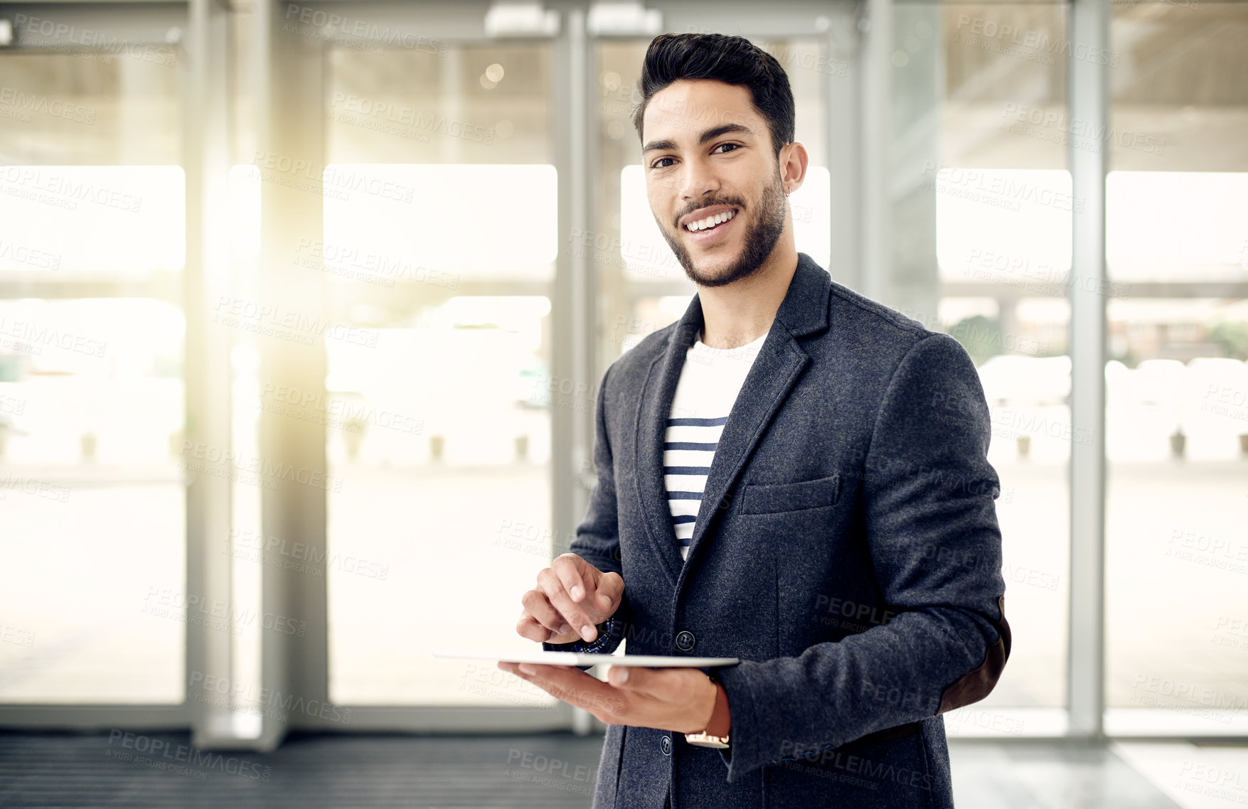 Buy stock photo Portrait, tablet and happy businessman in office with opportunity, about us or finance. Confidence, worker or professional with technology for research as financial tax specialist with flare in Qatar