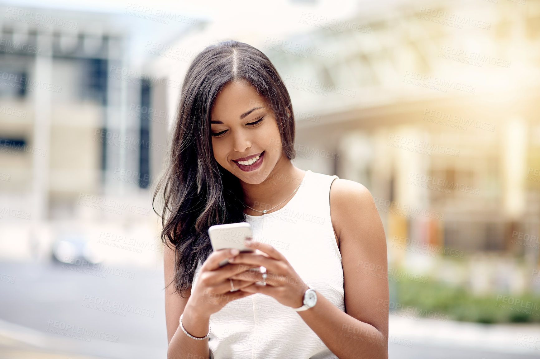 Buy stock photo City, phone and smile of business woman outdoor at work location for app or social media browsing. Flare, text message and typing with happy corporate employee on space for communication or feedback