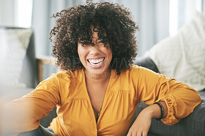 Buy stock photo Laugh, happy and portrait of woman in home on floor for resting, chill and comfortable on weekend. Living room, smile and person with free time, break and relax for peace, wellness and joke in house