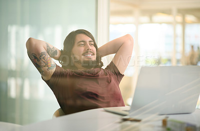 Buy stock photo Business, man and happy to relax with laptop for productivity, finish project deadline and break at desk. Professional, employee and satisfied in office with research feedback, daydreaming and smile