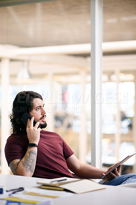 Buy stock photo Businessman, communication and phone call with laptop in office for talking, networking and discussion. Digital designer, person and contact for content review, planning and social marketing campaign