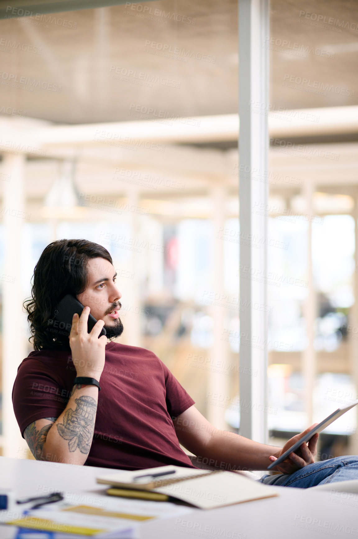 Buy stock photo Businessman, communication and phone call with laptop in office for talking, networking and discussion. Digital designer, person and contact for content review, planning and social marketing campaign