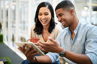 Buy stock photo Business, people and communication with tablet in office for conversation, brainstorming and digital collaboration. Creative team, graphic designers and online with technology for visual project.