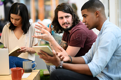 Buy stock photo Meeting, discussion and business people with tablet for collaboration, proposal or project feedback. Advertising agency, diversity and employee with client for teamwork, startup or campaign idea