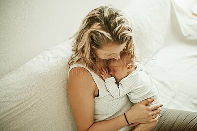 Buy stock photo Mother, baby nap and living room in a home with parent care, love and hug on a sofa. Sleeping, mama and newborn child in a family house with mom and young kid together with youth on a lounge couch