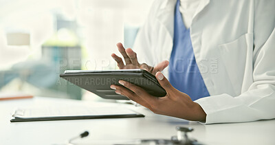 Buy stock photo Hand, typing and tablet with closeup of doctor for communication of results by email, app or web. Person, nurse or hospital with technology for research, diagnosis or online prescription by internet