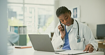 Buy stock photo Woman, doctor and phone call with results in hospital, clinic or medical office with document, report or clipboard. Black person, healthcare and laptop for remote consultation of medicare information