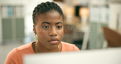 Buy stock photo Research, information technology or black woman with computer web design, email or post online. Digital agency, tech startup or African female employee with PC software reading or planning in office