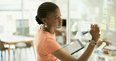 Buy stock photo Business, office and black woman with a tablet, writing and typing with connection, planning or internet. African person, worker or consultant with tech, thinking or problem solving with data anlysis