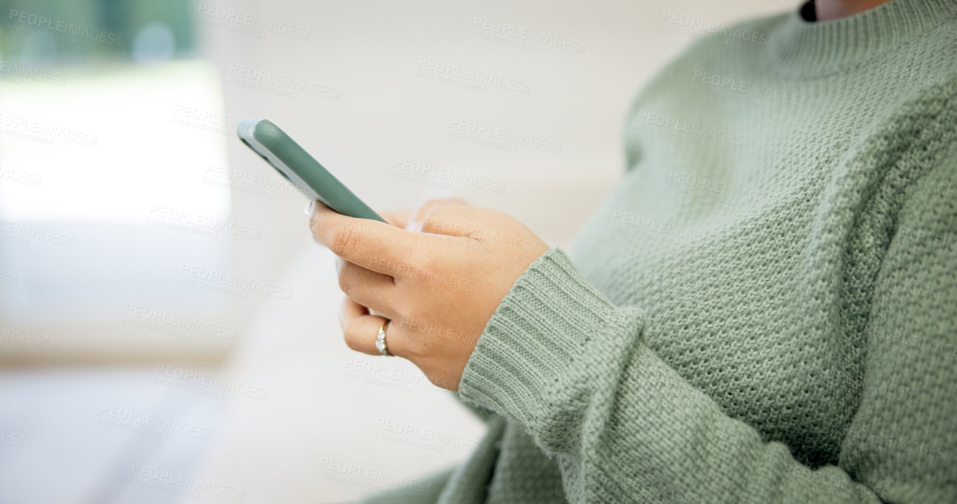 Buy stock photo Hands, phone and woman in home with social media, download app or forum communication on internet. Mobile, person and text message in lounge, chat notification or follow account with subscription