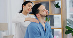 Couple, home and shoulder with massage for stress relief, comfort or physical therapy together. Calm man, woman and  kneading with relaxation, trust or support for touch, health or wellness in house