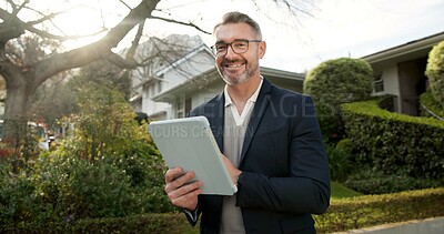Buy stock photo Real estate, portrait and businessman with tablet, outdoor or property manager with research on app. Happy, realtor and mature person with tech, online and preparing for house tour and info on web
