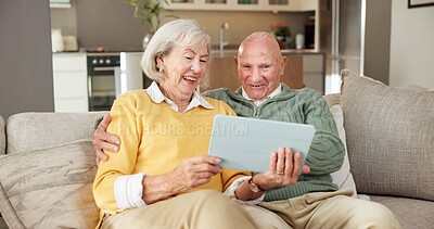 Buy stock photo Tablet, movie and old couple in home with smile, retirement and film for bonding together on weekend. Happy, elderly married people and streaming show on sofa with tech, entertainment and connection.