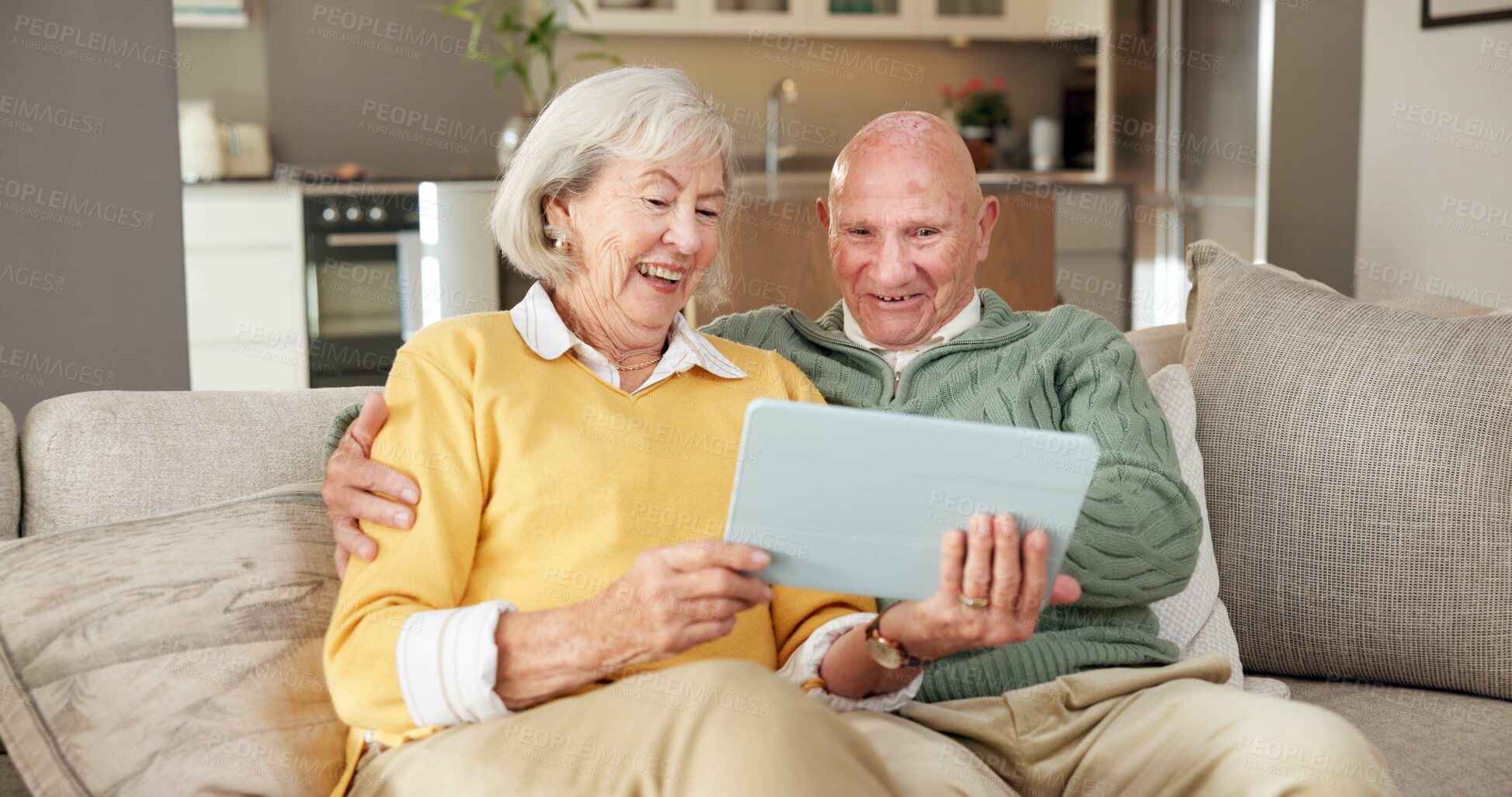 Buy stock photo Tablet, movie and old couple in home with smile, retirement and film for bonding together on weekend. Happy, elderly married people and streaming show on sofa with tech, entertainment and connection.